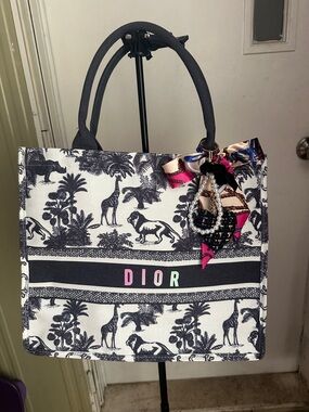 Dior Black & White Toile Canvas Tote with Pink Scarf Accent